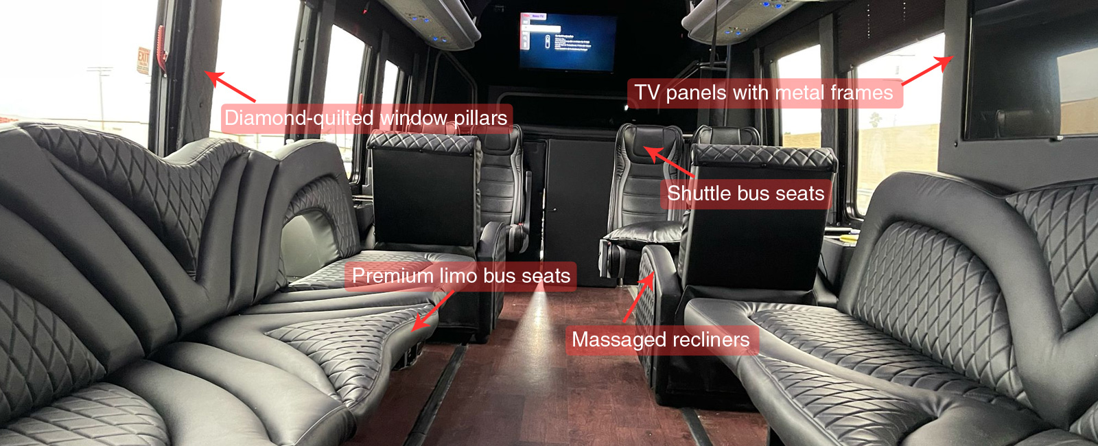 Custom limo bus seats, Maybach ceiling