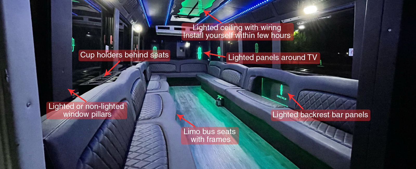 Limo bus seats, custom ceilings